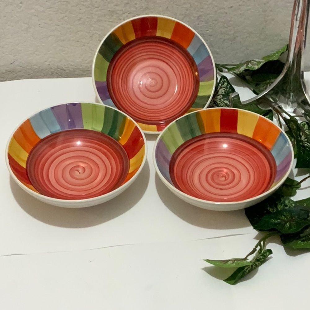 3 Beautiful Ceramic salad soup Bowl multicolor 7” geometrical G4